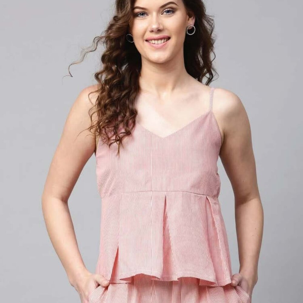 Casual Noodle Straps Striped Women Pink Top
